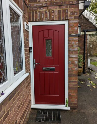 A Stunning Ruby Red English Cottage Rockdoor with Diamond lead glass design, fitted in Potters Bar