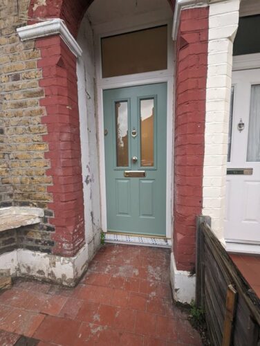 A giant Chartwell Green Ludlow 2 Solidor, with a Gold Classic Letter Box alongside the super secure Ultion Cylinder fitted in London
