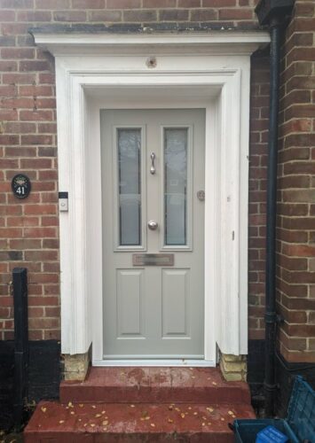 A grand Painswick Ludlow 2 Solidor with Victorian glass design and a Doctors Knocker alongside the super secure Ultion Cylinder fitted in Welwyn Garden City
