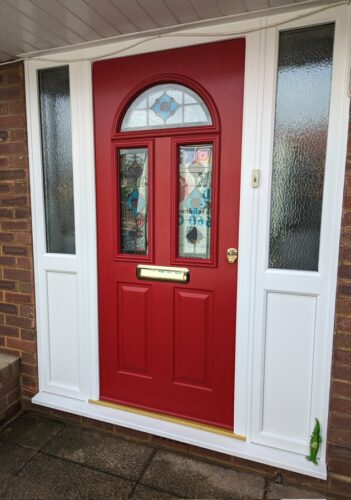 A-radiant-Ruby-Red-Conway-3-Solidor-with-Dorchester-design-alongside-the-super-secure-Ultion-Cylinder fitted in Cheshunt
