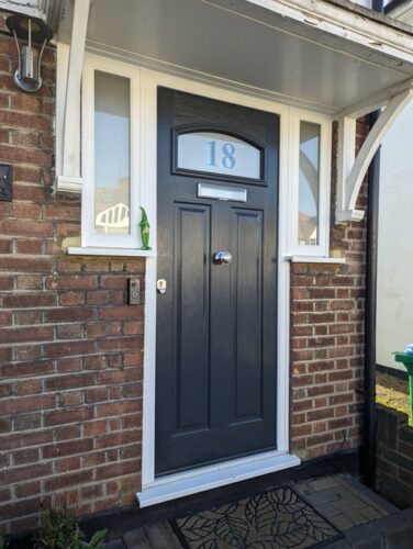 A striking Anthracite Grey London Solidor, with a custom Number 18 etched into the glass alongside the super secure Ultion Cylinder fitted in Twickenham