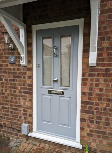 A terrific French Grey Ludlow 2 Solidor with Victorian glass design with a premium doctors knocker alongside the super secure Ultion Cylinder fitted in St Albans