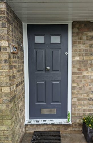 A stunning Slate Grey Regency Rockdoor with a Coastal Stainless steel letter box fitted in Harpenden