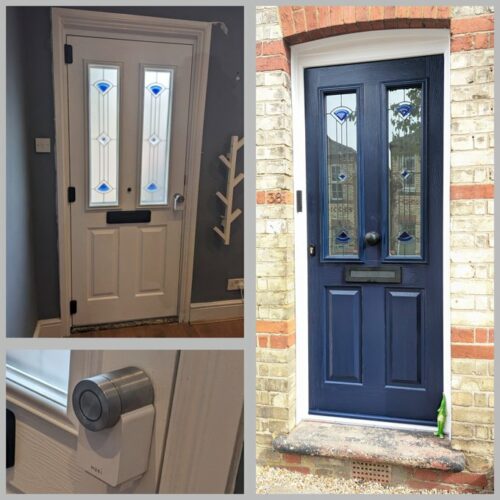 A stunning Blue Ludlow 2 from Solidor, with Quad Blue glass design also with the secure Ultion Nuki Plus with the Fingerprint Keypad fitted in St Albans